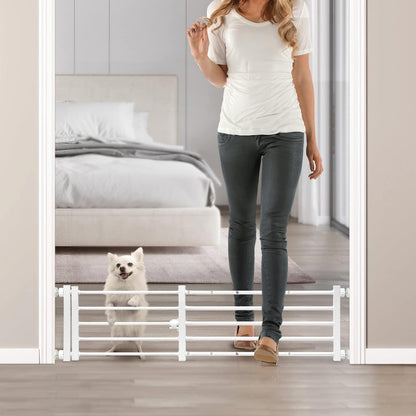 Malier Indoor Dog Gate with Door, 26-41" Extra Wide Full Metal Pet Gate Short Dog Gate for Stairs, Pressure Mount 10'' Tall Small Puppy Low Gate Easy Step Over for Doorways