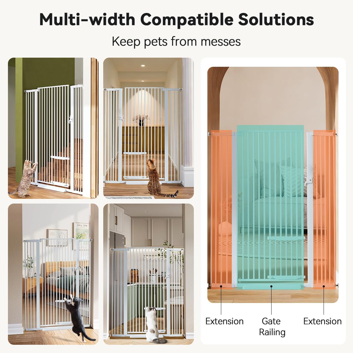 COMOMY 55.1" Extra Tall Pet Gate for Cats, Extra Wide Cat Gate with Adjustable Cat Door, Pressure Mounted Easy Walk Through Pet Gate with Door for Stairs, Doorways, Kitchen(White, 29.5-40.6")