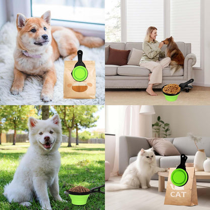 Collapsible Dog Food Scoop Foldable Pet Food Bag Clip 3 in 1 Multi-function Silicone Cat Food Measuring Cup Scoop Dog Food Scooper Pet Food Storage Clip (Green, 1 Cup Capacity(1 Pack))