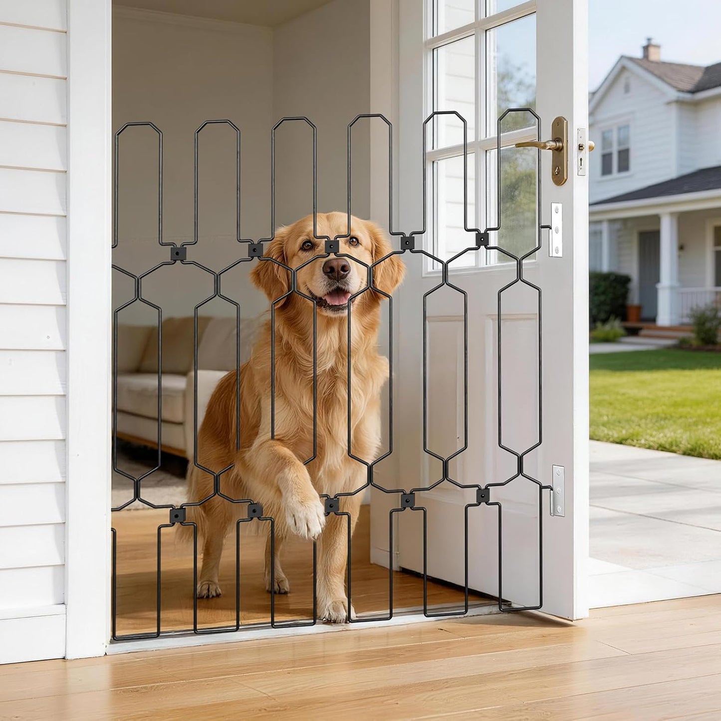 Retractable Dog Gate for Front Door, 30.7" W x 30.7" H Safety Metal Pet Gate for Dogs When Opening, Easy Install Front Entry Dog Door Barrier