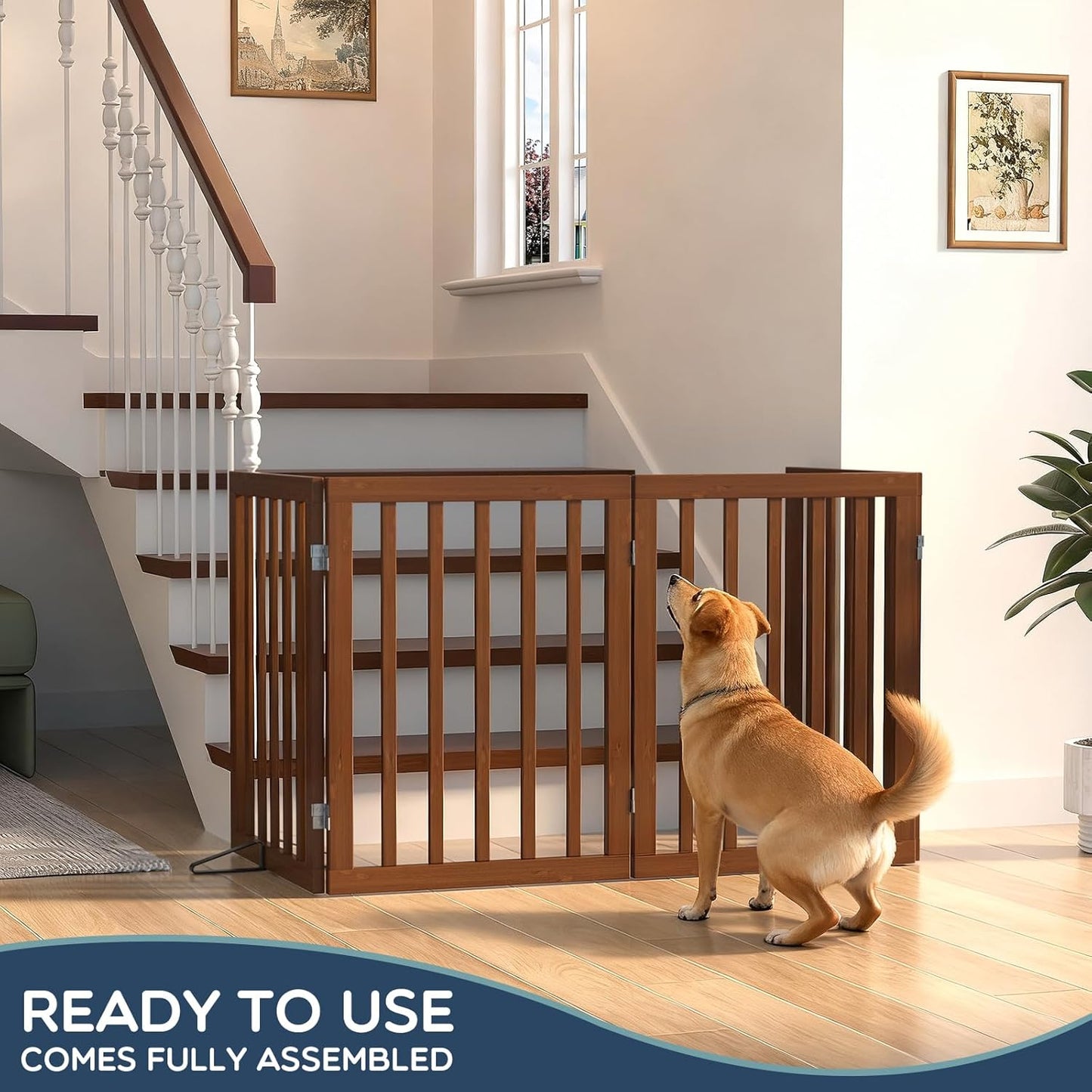Homykic Bamboo Freestanding Dog Gate, No Assembly Pet Gate Indoor, 24”H x 75”W Extra Wide Foldable Puppy Fence with Support Feet for the House, Doorways Stairs, 4 Panels, No Drilling, Espresso