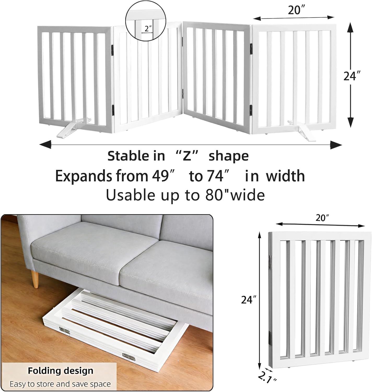 ZJSF Freestanding Indoor Dog Gate for House Foldable Wood Puppy Gate for Doorways Pet Gate for Stairs Extra Wide Pet Fence, Brown, 24" Height 3 Panels