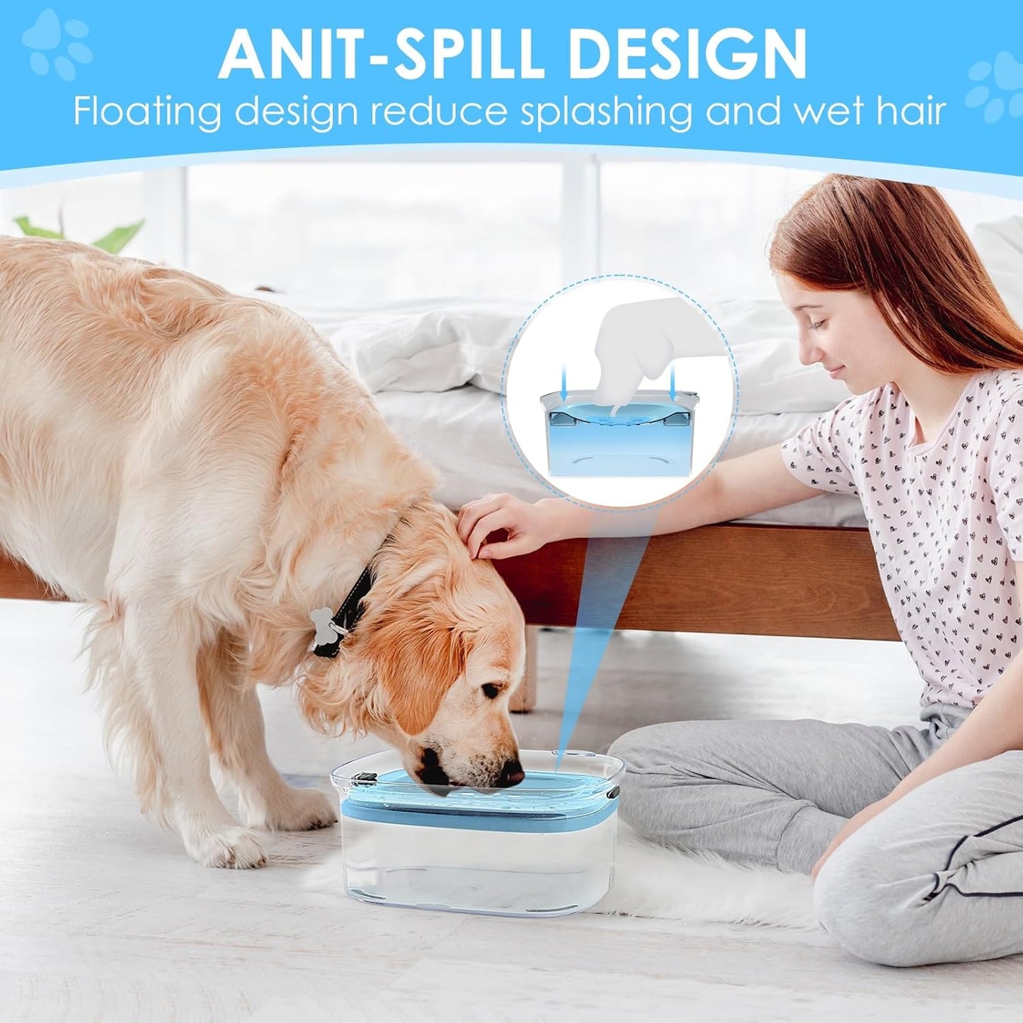 AONKEY 3L Dog Water Bowl No Spill, 101oz Large Spill Proof Dog Bowl Reduce Refill, Anti Splash No Mess Dispenser Dripless Slow Drinking Water Bowl for Sloppy Messy Drinkers (Gray)