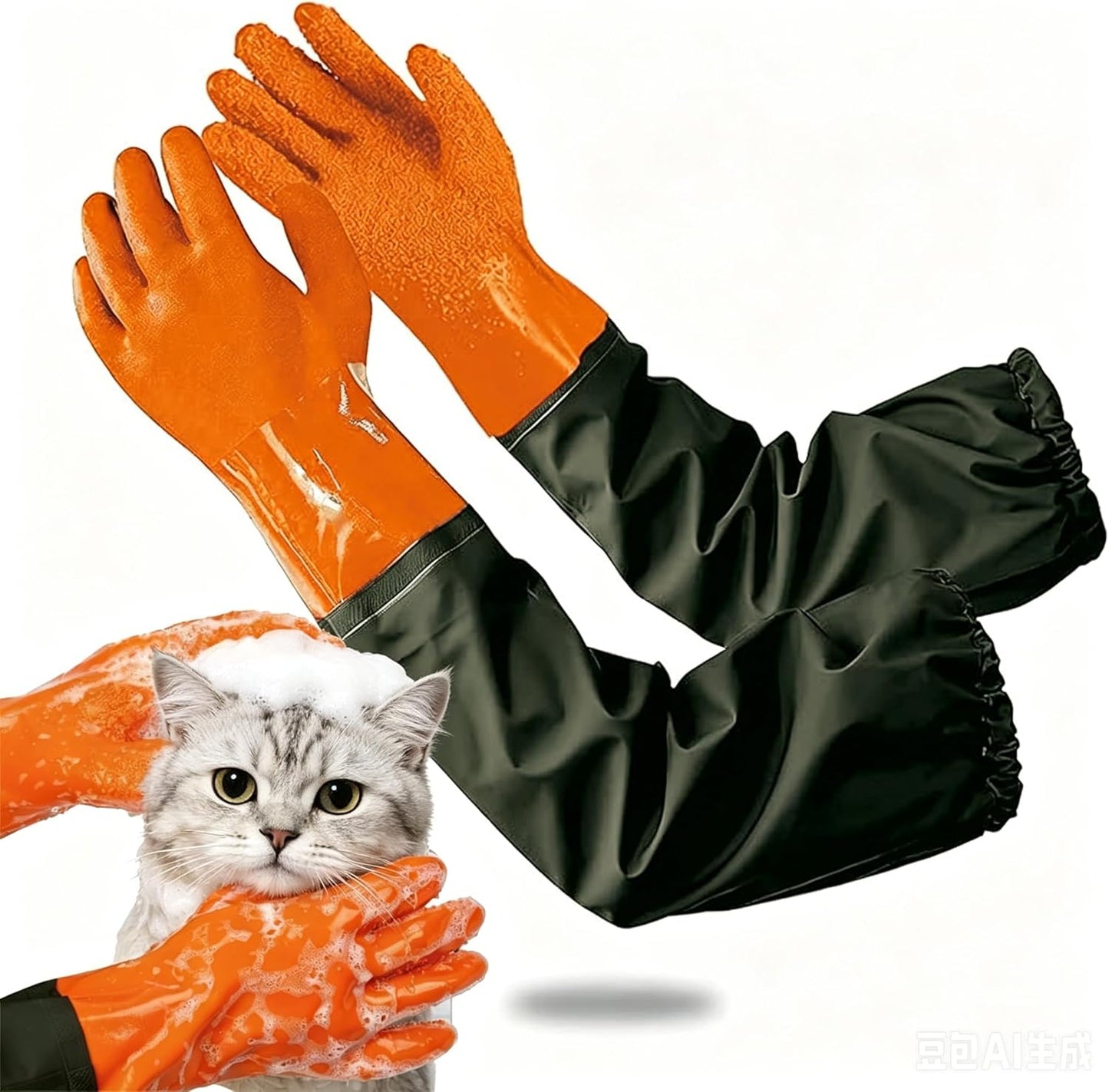 YOFANG Pet Grooming Washing Gloves,27.2" Extra Long Waterproof Rubber Bathing Gloves for Dogs & Cats,Anti-Bite & Anti-Scratch Hair Removal Cat Bath Gloves with 3000+ Massage Particles,Blue/Green ﻿