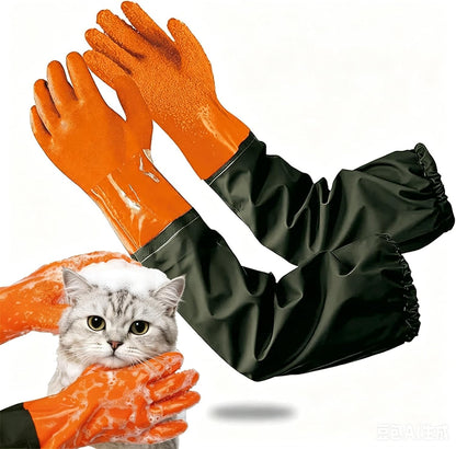 YOFANG Pet Grooming Washing Gloves,27.2" Extra Long Waterproof Rubber Bathing Gloves for Dogs & Cats,Anti-Bite & Anti-Scratch Hair Removal Cat Bath Gloves with 3000+ Massage Particles,Blue/Green ﻿