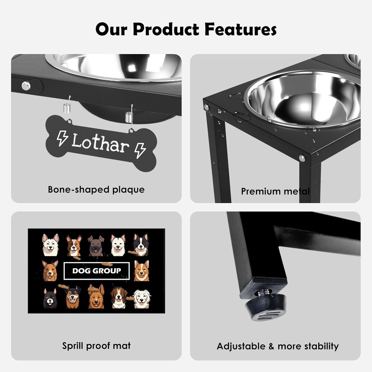 ADENGL Elevated Dog Bowls, 10" Tall Height, Raised Bowl Stand with 2 Stainless Steel Food Feeder Bowls (58oz) and Spill-Proof Mat for Medium Large and Small Breeds