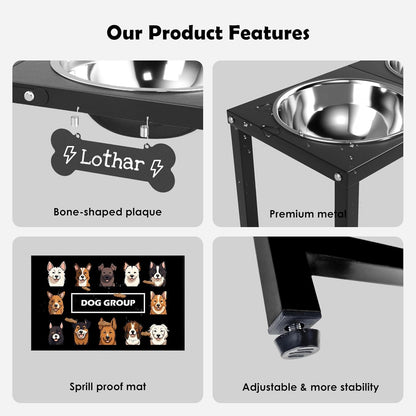 ADENGL Elevated Dog Bowls, 10" Tall Height, Raised Bowl Stand with 2 Stainless Steel Food Feeder Bowls (58oz) and Spill-Proof Mat for Medium Large and Small Breeds