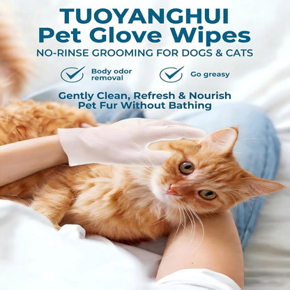 Pet Glove Wipes, No Rinse Deodorizing Mittens for Sphynx, Devon Rex, Cats & Dogs, Thickened Hypoallergenic with Aloe Vera, Unscented Full Body Grooming, Daily Care & Travel, 12 Count