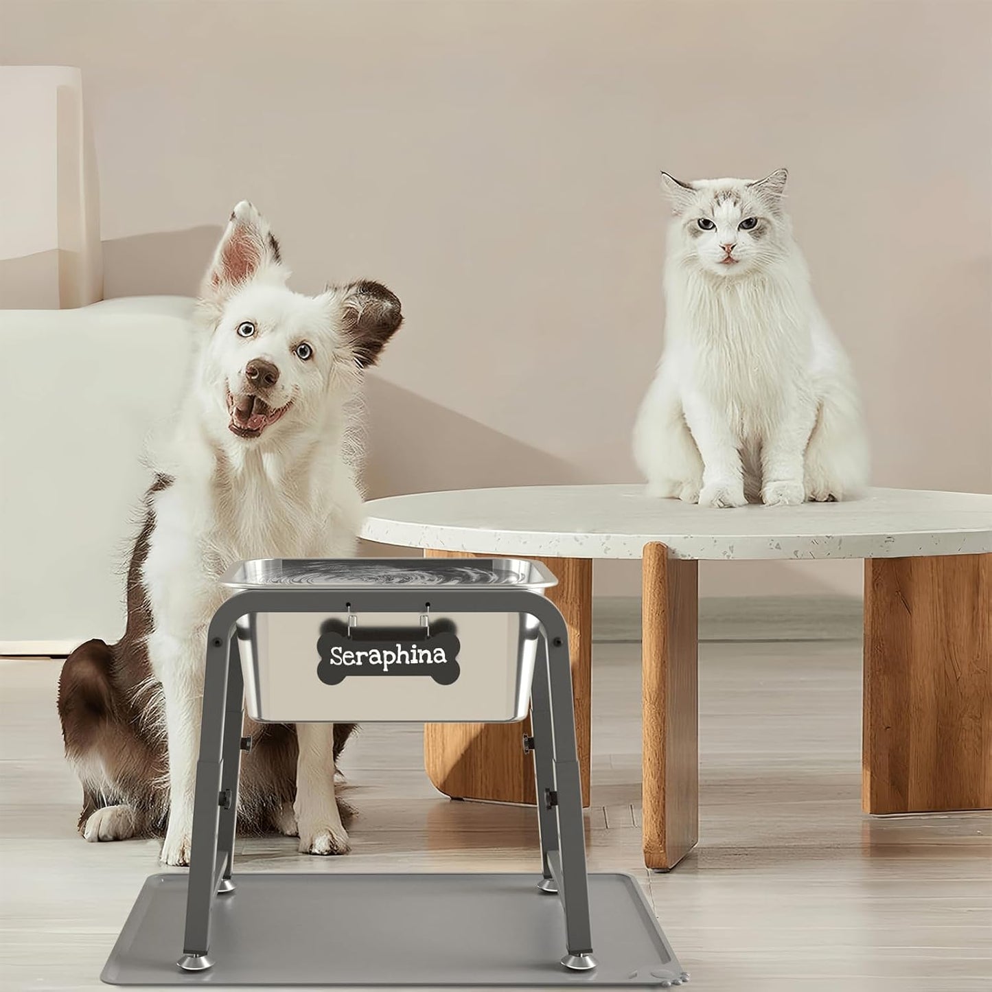 1.2 Gallon Elevated Large Dog Water Bowl with Mat, 4 Height Adjustable 12-17", Raised Dog Water Bowl Stand for Large Breed