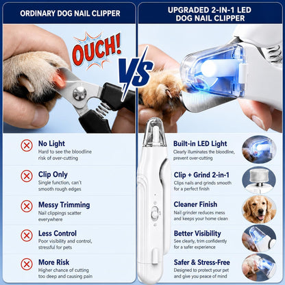 2-in-1 Dog Nail Clippers with Light - Electric Pet Nail Grinder Quiet for Small Large Dogs & Cats, LED Prevent Over Cutting, USB-C Rechargeable Safety Guard Grooming Kit for Black Nails