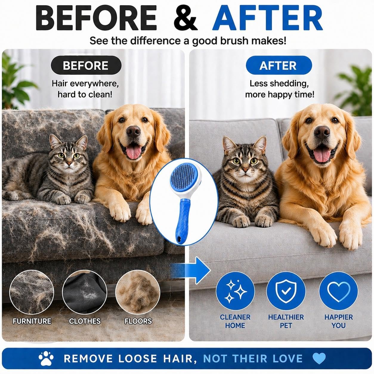 Pet Grooming Deshedding Brush, Self-Cleaning Massaging Brush for Dogs and Cats, Short and Long Hair (Blue)