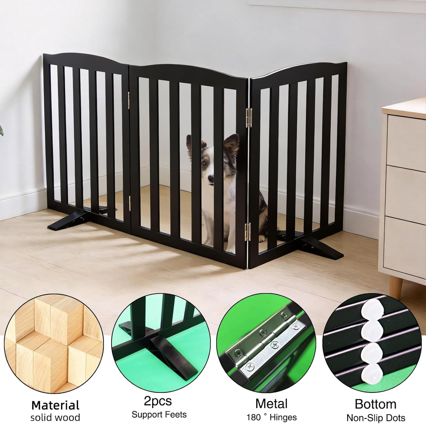Freestanding Dog Gate Indoor,Doggie Gate Foldable Dog Gates for Doorways,Stairs or Hallways, Wooden White Pet Gate for the House, Pet Fence with Support Feet Included,24 "Height-4 Panels