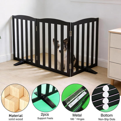 Freestanding Dog Gate Indoor,Doggie Gate Foldable Dog Gates for Doorways,Stairs or Hallways, Wooden White Pet Gate for the House, Pet Fence with Support Feet Included,24 "Height-4 Panels