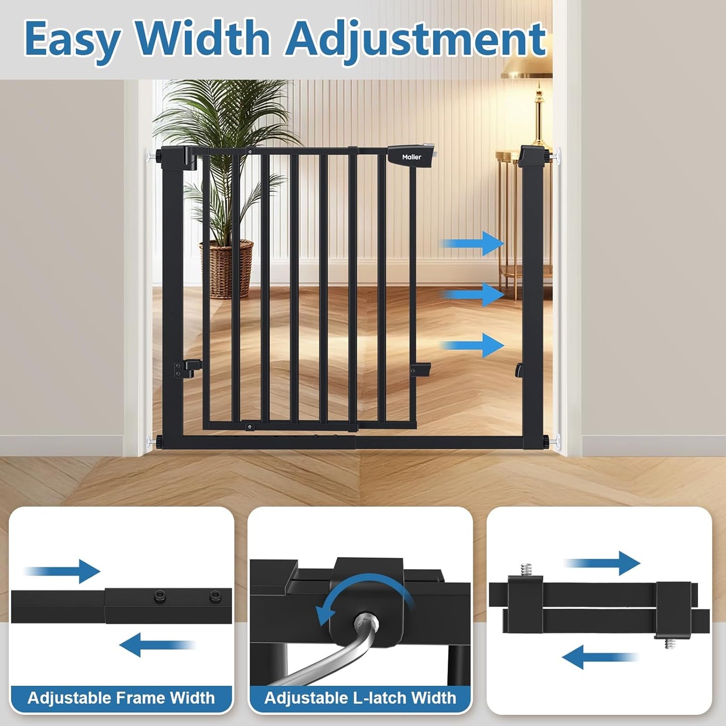 Malier Newest Baby Gate for Stairs with Large Walk Thru Door, 29-38" No Drill Pressure Mounted Dog Gate for Doorway, Auto Close Baby Gate, Easy Walk Through Gate Pet Gate for Child and Pets