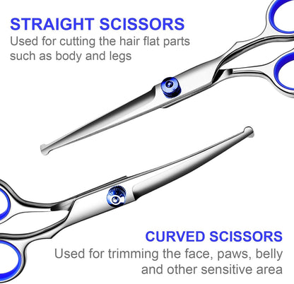 TINMARDA Dog Grooming Kit, Professional Stainless Steel Dog Grooming Scissors with Curved Shears, Pink Finger Rings - 4 Piece Sharp Durable Pet Shears for Dogs Cats At Home Salon-Quality Grooming