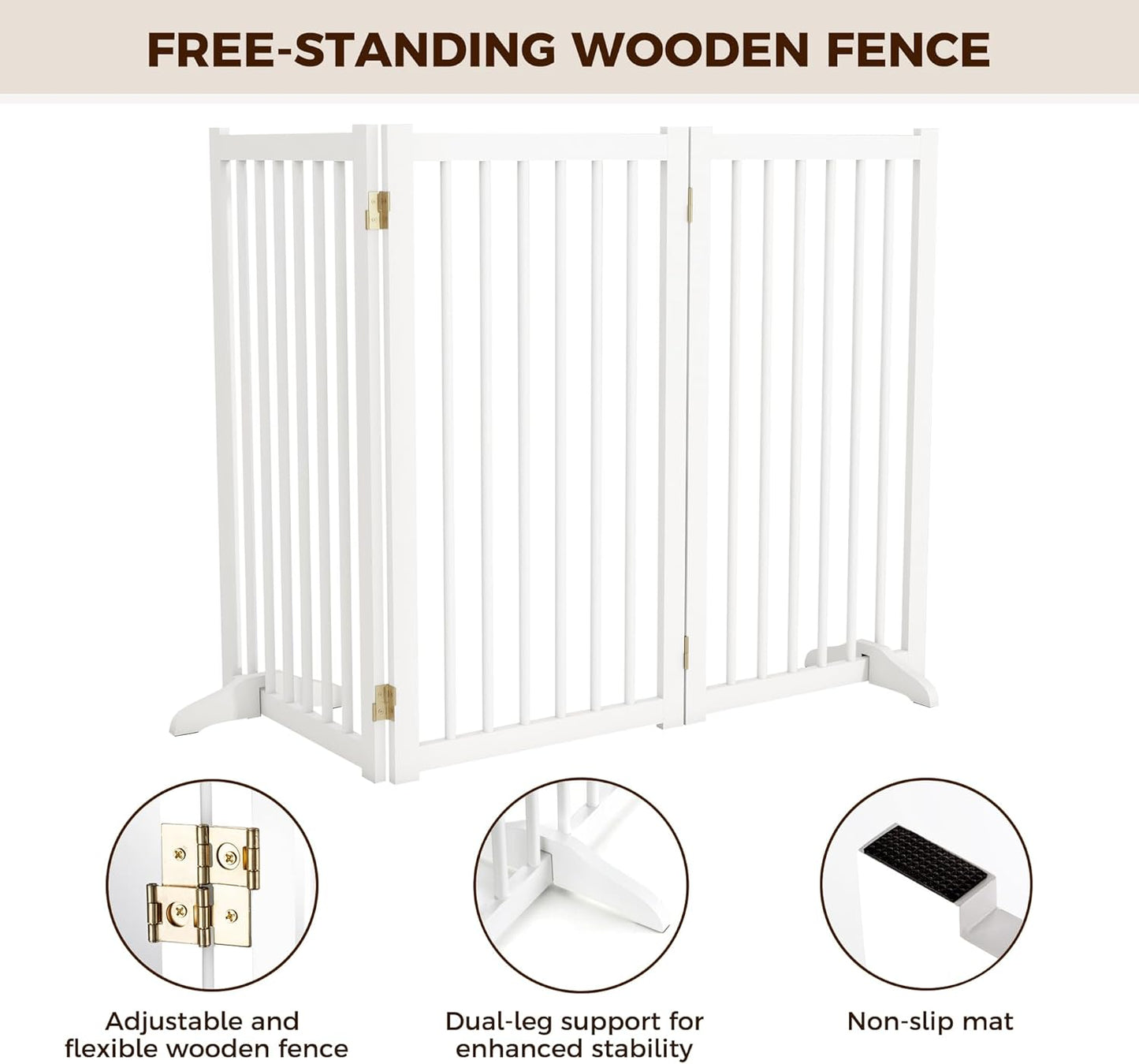 36" H Freestanding Dog Gate, Solid Wood Foldable Pet Gate with Support Feet, Wooden Tall Dog Gate for Doorway, Stairs & Indoor Use, 60" Wide Expandable Pet Fence, 3 Panels, Walnut