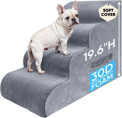 PAWSCRAT Pet Stairs for Dogs 4-Step, 19.6" H Pet Stairs for High Bed, Couch Sofa & Chair, 30D Material Soft Foam Dog Steps with Non-Slip Bottom Surface Removable Washable Cover, Grey