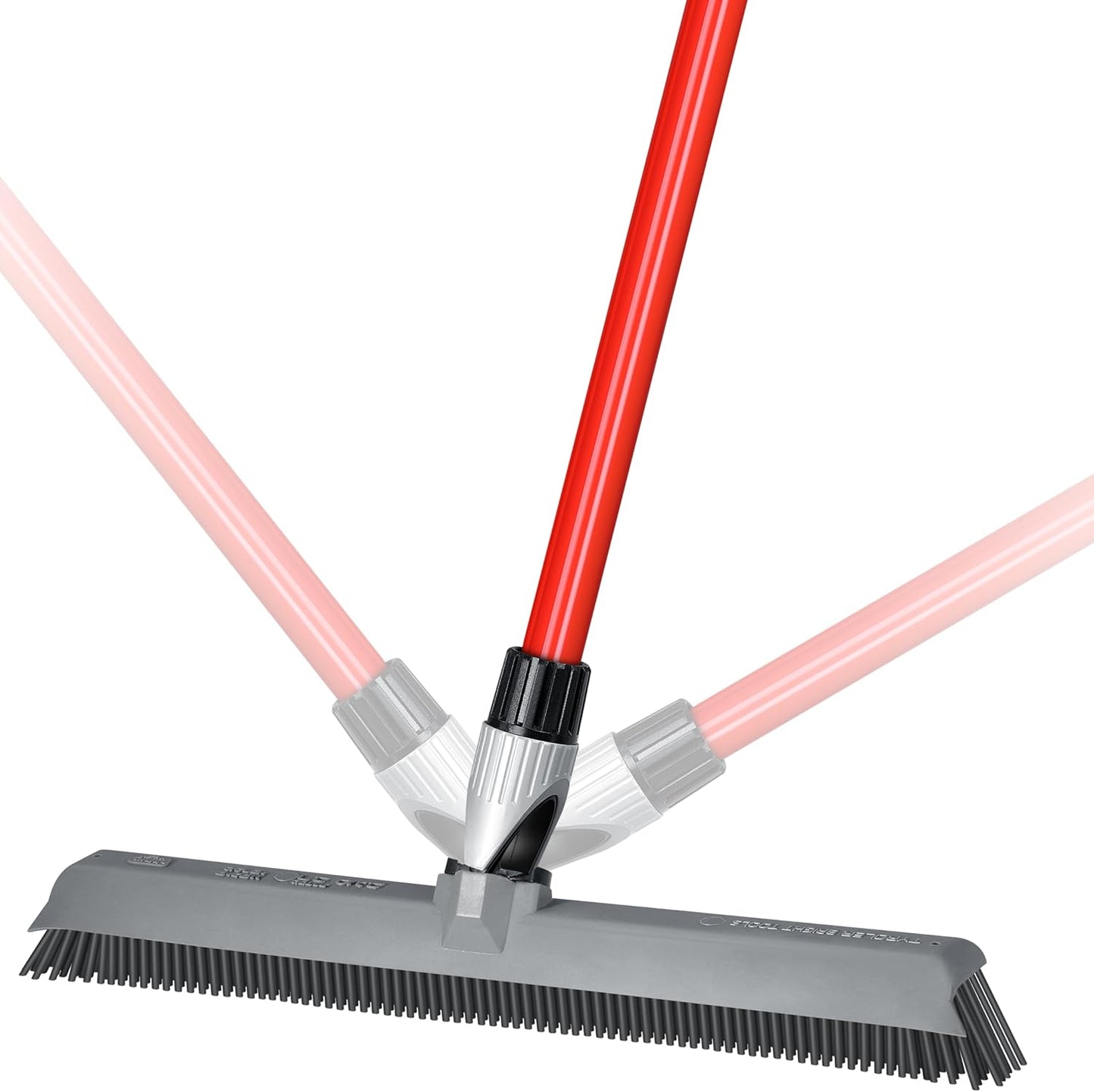 2-in-1 Silicone Rubber Broom Carpet Rake and Squeegee - Swivel Pet Hair Removal Broom - 4 Piece Handle - Slanted Side Bristles for Corners - Multipurpose Rubber Broom for Carpet, Hardwood Floor, Tile