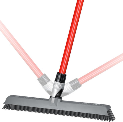 2-in-1 Silicone Rubber Broom Carpet Rake and Squeegee - Swivel Pet Hair Removal Broom - 4 Piece Handle - Slanted Side Bristles for Corners - Multipurpose Rubber Broom for Carpet, Hardwood Floor, Tile