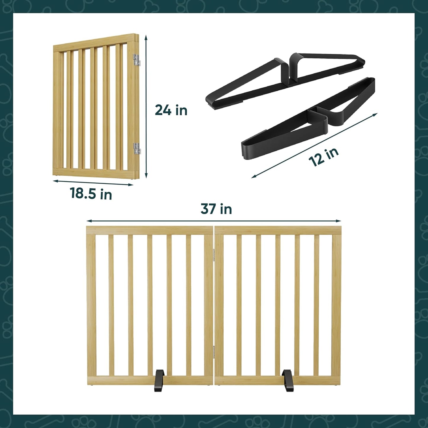 Freestanding Dog Gates Indoor, 3-Panel Pet Gates with 2 Metal Stands and 360° Hinge, 24" H Foldable Dog Gate for Stairs, Doorway, Kitchen, Expands Up to 55" Fully Assembled - Black Walnut