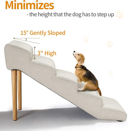 Senneny Imitation Linen Faux Leather Dog Stairs, for Pets up to 150 lbs, Waterproof, Scratch Resistant Pet Steps/Stairs with High Density Foam and Detachable Wooden Legs, Light Beige Linen, 4 Step
