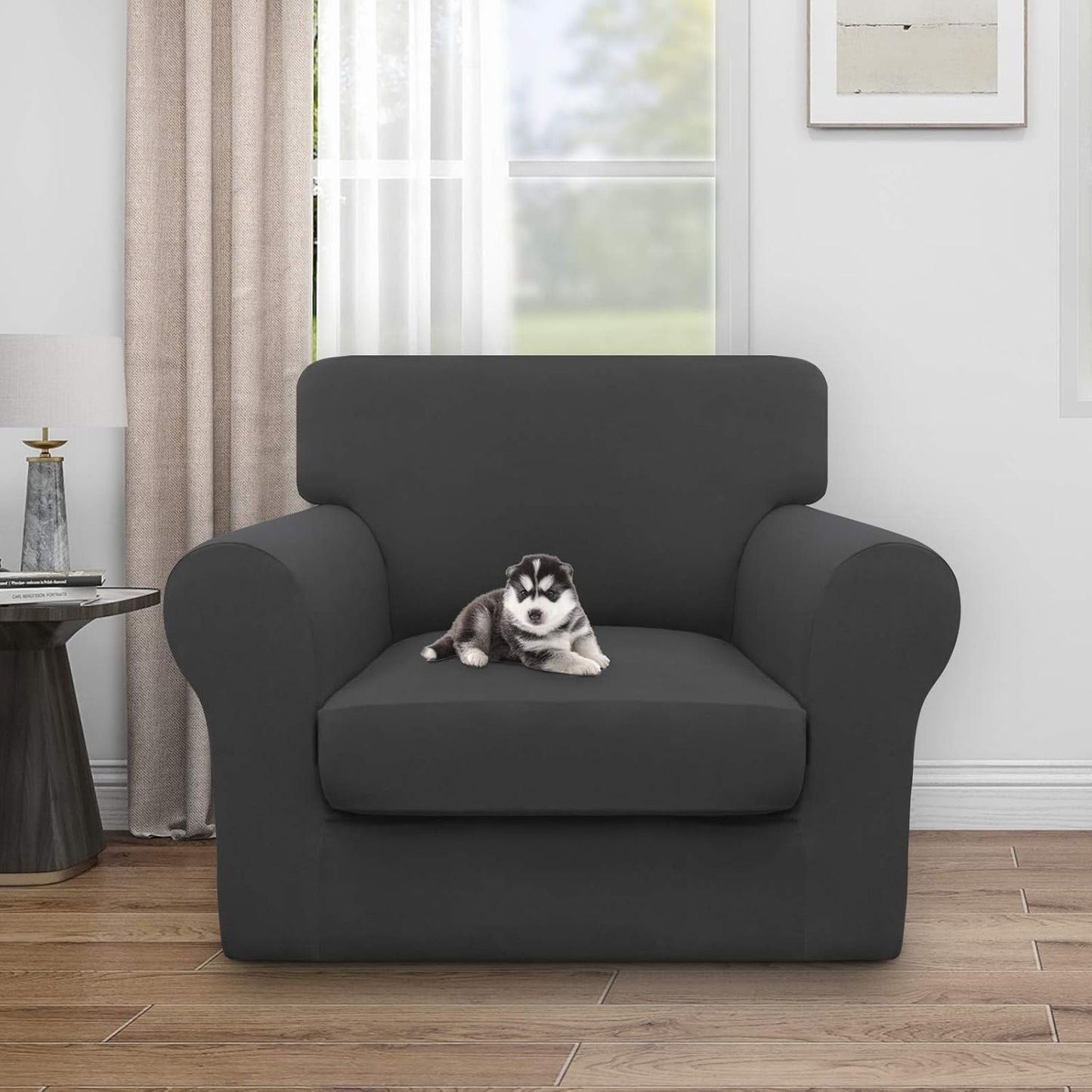 Easy-Going 100% Dual Waterproof 4 Pieces Stretch Soft Couch Cover for Dogs, Sofa Slipcover for 3 Separate Cushion Couch Leakproof Furniture Protector for Kids, Pets Dark Gray