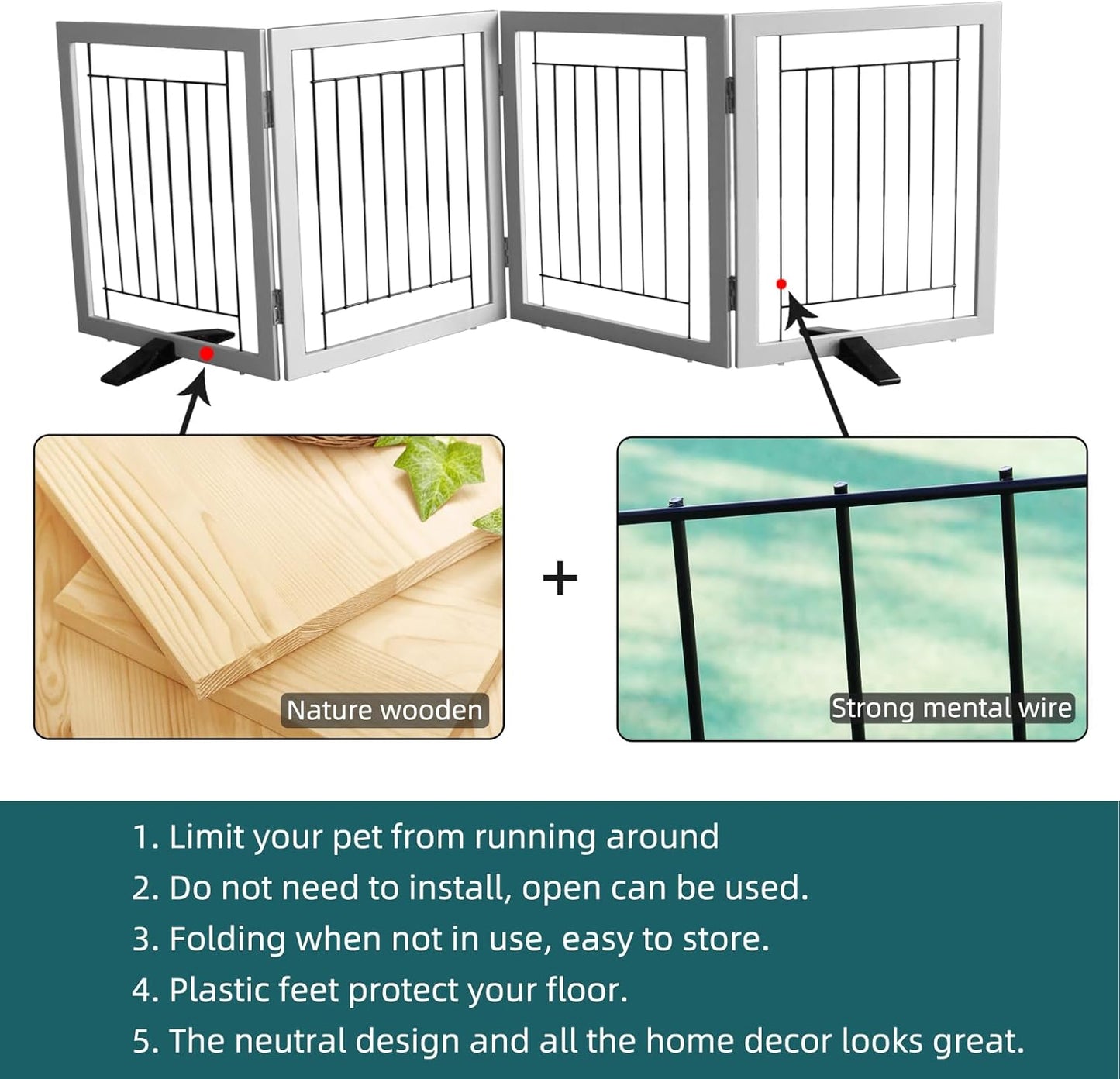ZJSF Freestanding Dog Gate Indoor, Foldable Dog Fence for Doorways,Hallways or Stairs, Sturdy Wood Extra Wide Pet Gate with Support Feet,Black,24 "Height-3 Panels