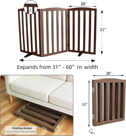 Freestanding Dog Gate Indoor,Doggie Gate Foldable Dog Gates for Doorways,Stairs or Hallways, Wooden White Pet Gate for the House, Pet Fence with Support Feet Included,24 "Height-4 Panels