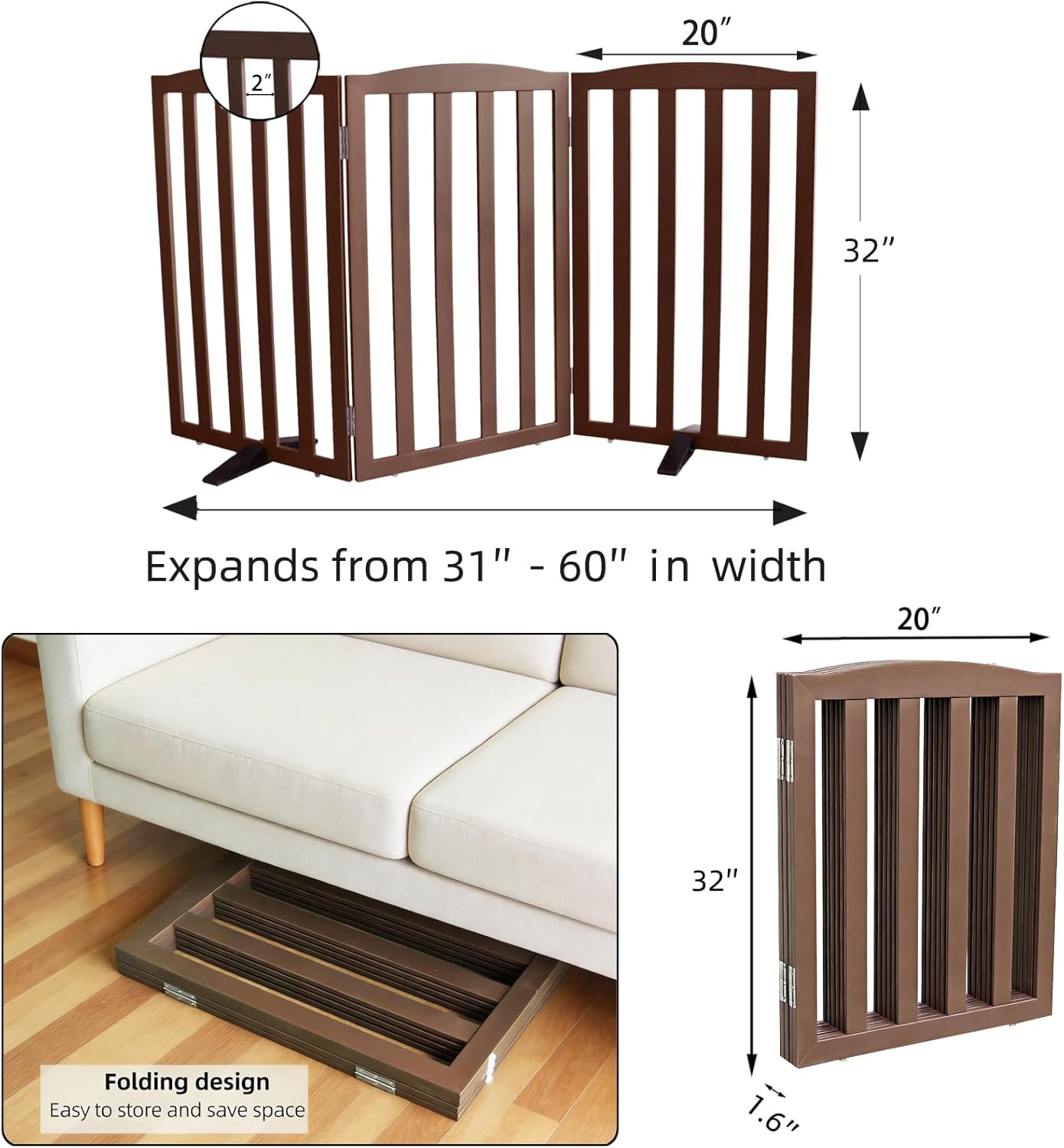Freestanding Dog Gate Indoor,Doggie Gate Foldable Pet Gates for Doorways,Stairs or Hallways, Wooden Brown Pet Gate for the House, Pet Fence with Support Feet Included,24 "Height-3 Panels