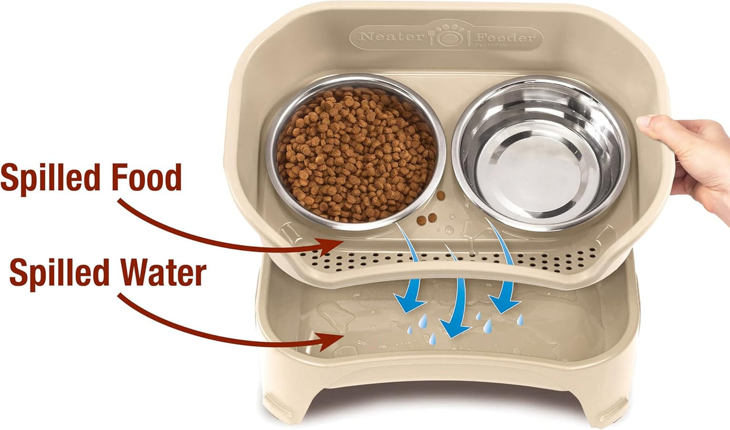 Neater Feeder Express Mess Proof Dog Bowls Elevated for Small Breeds under 15 Lb, Made in USA, No Spill Raised Dog Food Bowl Stand, Stainless Steel Food and Water Bowl Set, Feeding Station, Cappuccino