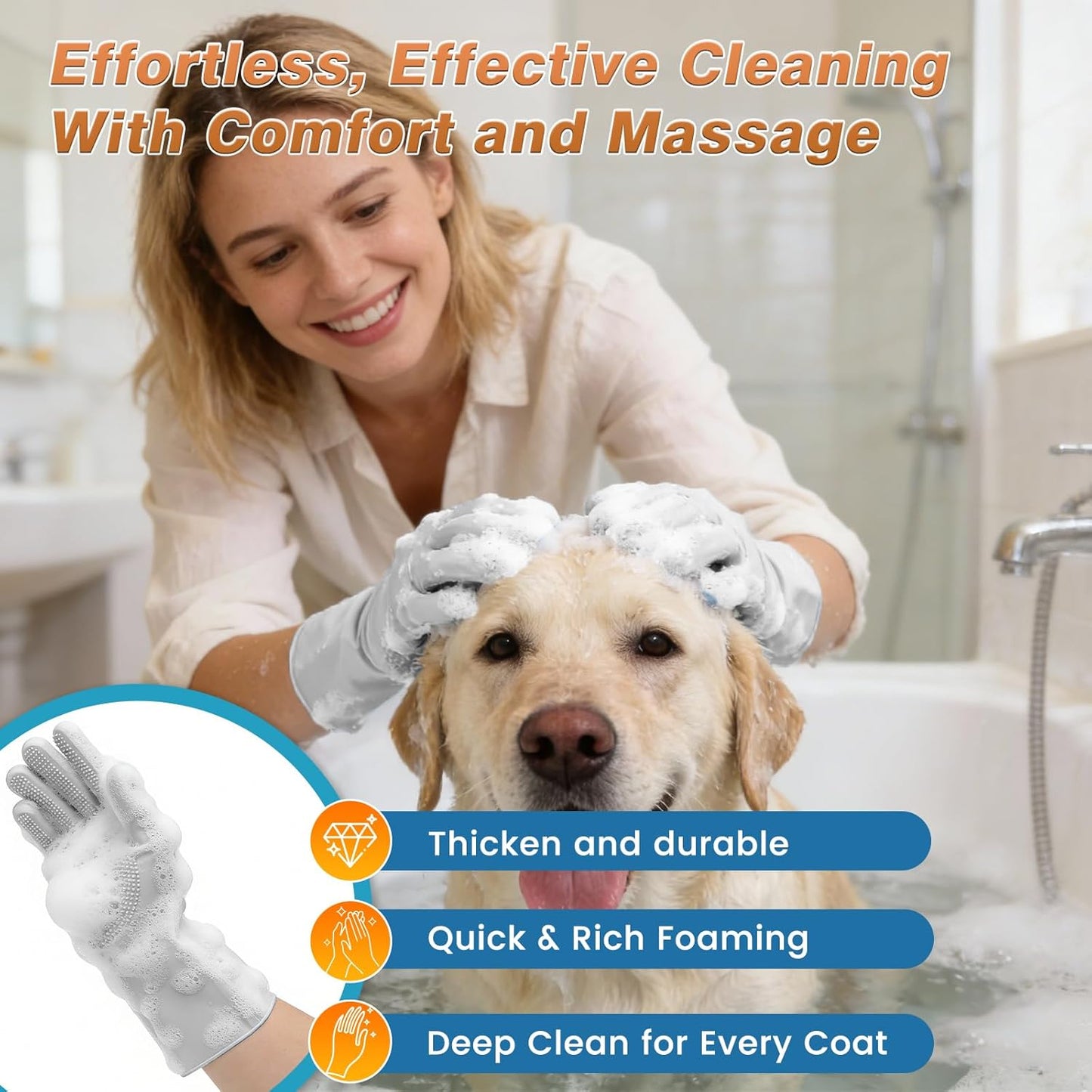 7PCS Dog Washing Gloves | Dog Bath Brush | Storage Bag | Dog Finger Toothbrush for Short & Long Haired Dogs & Cats | Efficient Deshedding Bathing & Massaging, Suitable for Pets (Sage Green)