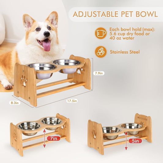 X-ZONE PET Elevated Dog Bowls for Cats and Dogs, Adjustable Bamboo Raised Dog Bowls for Small Dog, Food and Water Set Stand Feeder with 2 Stainless Steel Bowls and Anti Slip Feet (Height 4" to 4.5")
