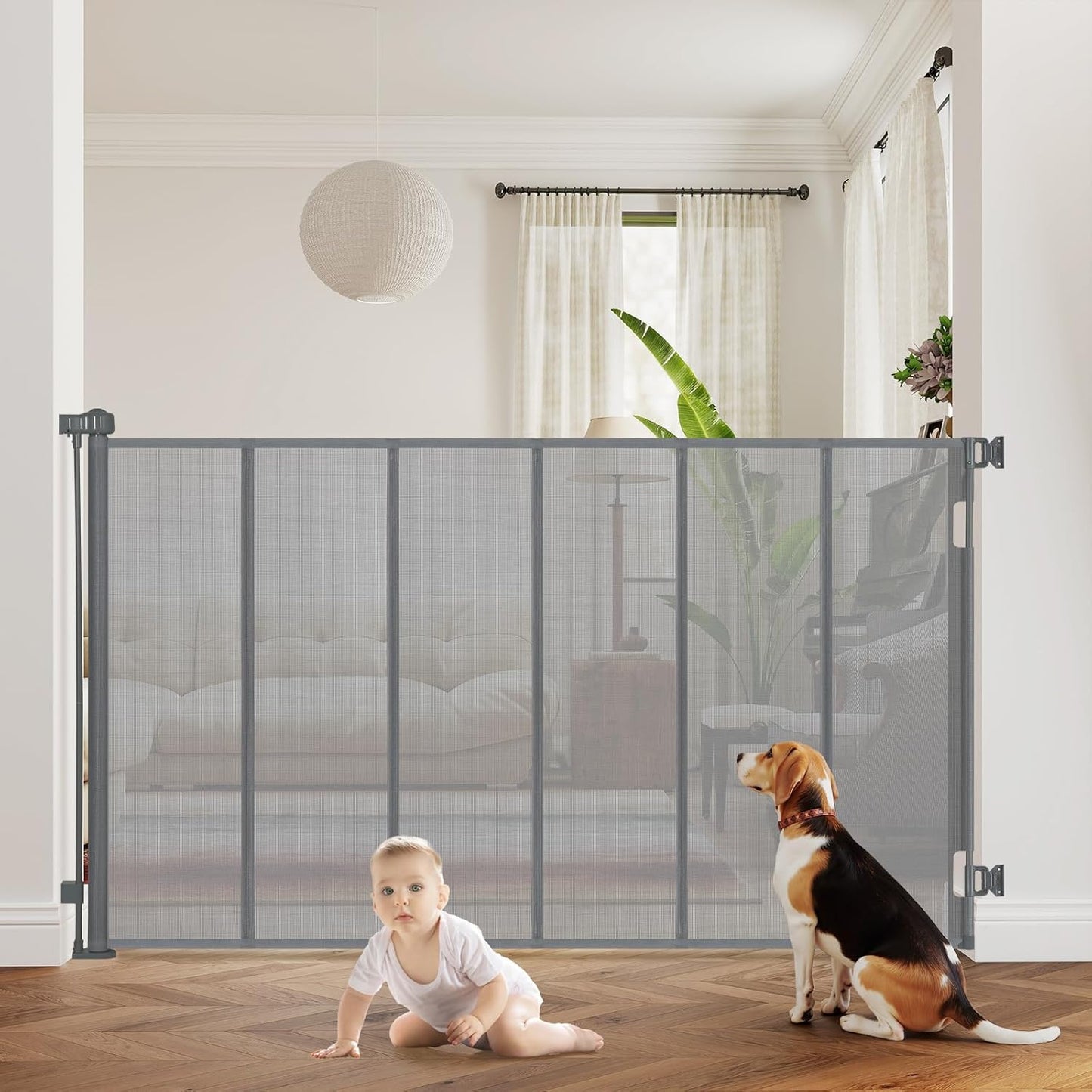 47” Extra Tall Retractable Baby Gate, Reinforced Mesh Dog Gate Extends to 71" Wide, Baby Gate for Stairs, Doorways, Hallways, Indoor and Outdoor, Black