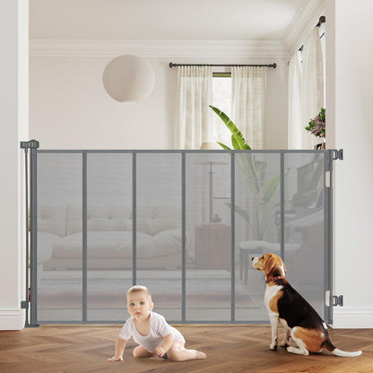 47” Extra Tall Retractable Baby Gate, Reinforced Mesh Dog Gate Extends to 71" Wide, Baby Gate for Stairs, Doorways, Hallways, Indoor and Outdoor, Black