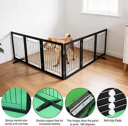 ZJSF Freestanding Dog Gate Indoor, Foldable Dog Fence for Doorways,Hallways or Stairs, Sturdy Wood Extra Wide Pet Gate with Support Feet,Black,24 "Height-3 Panels