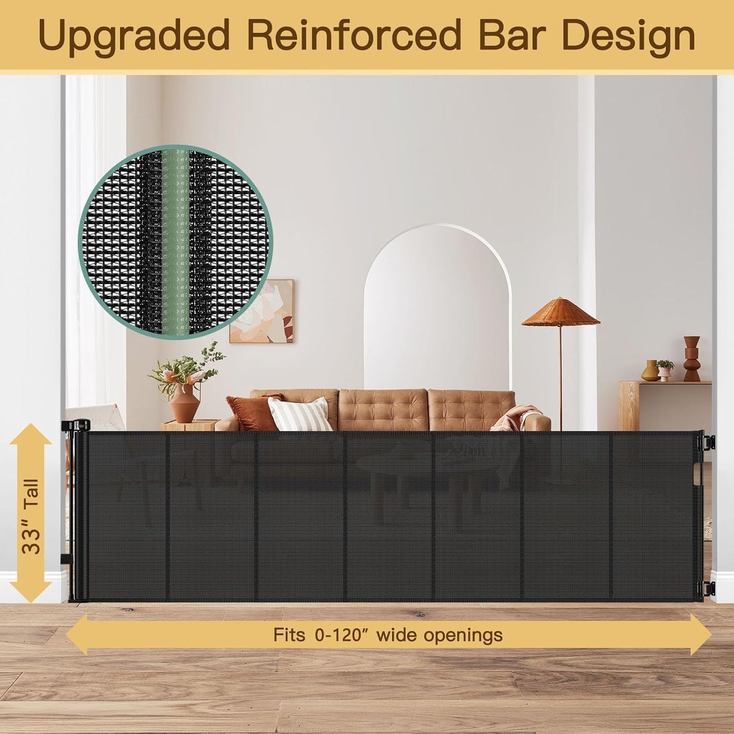 Reinforced 80 Inch Retractable Baby Gate Extra Wide Baby Gate for Wide Openings, Indoor/Outdoor Retractable Dog Gate for Doorway, Mesh Dog Gate Indoor Prevent Babies/Pets from Crawling Under, Black