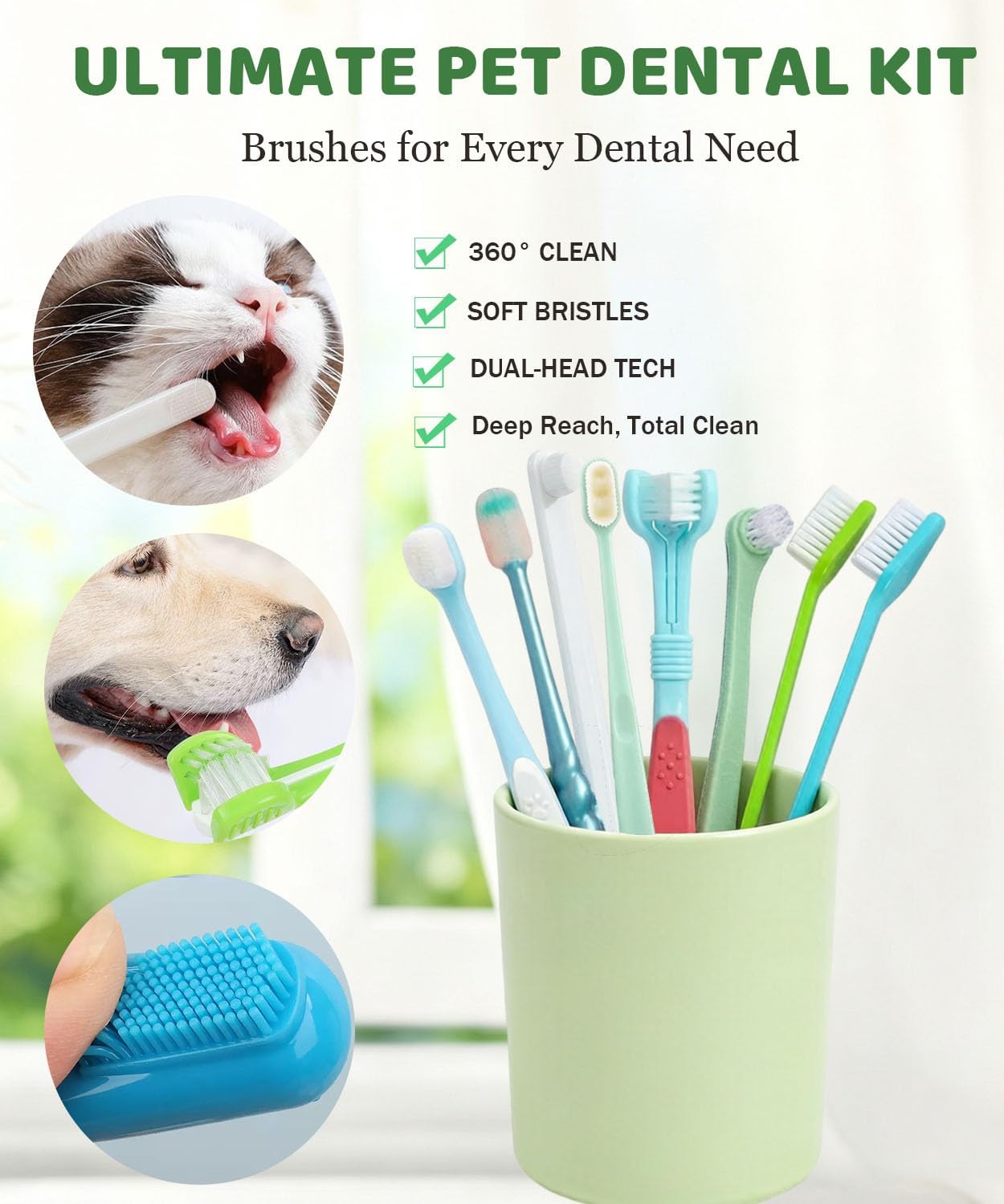 10 Pieces Pet Toothbrush Set for Medium Large Dogs, Extra Long Double-Ended Dog Toothbrush with 360° Brush, Soft Bristle Dental Care Kit with Finger Brushes, Pet Teeth Cleaning Supplies (Multicolor)