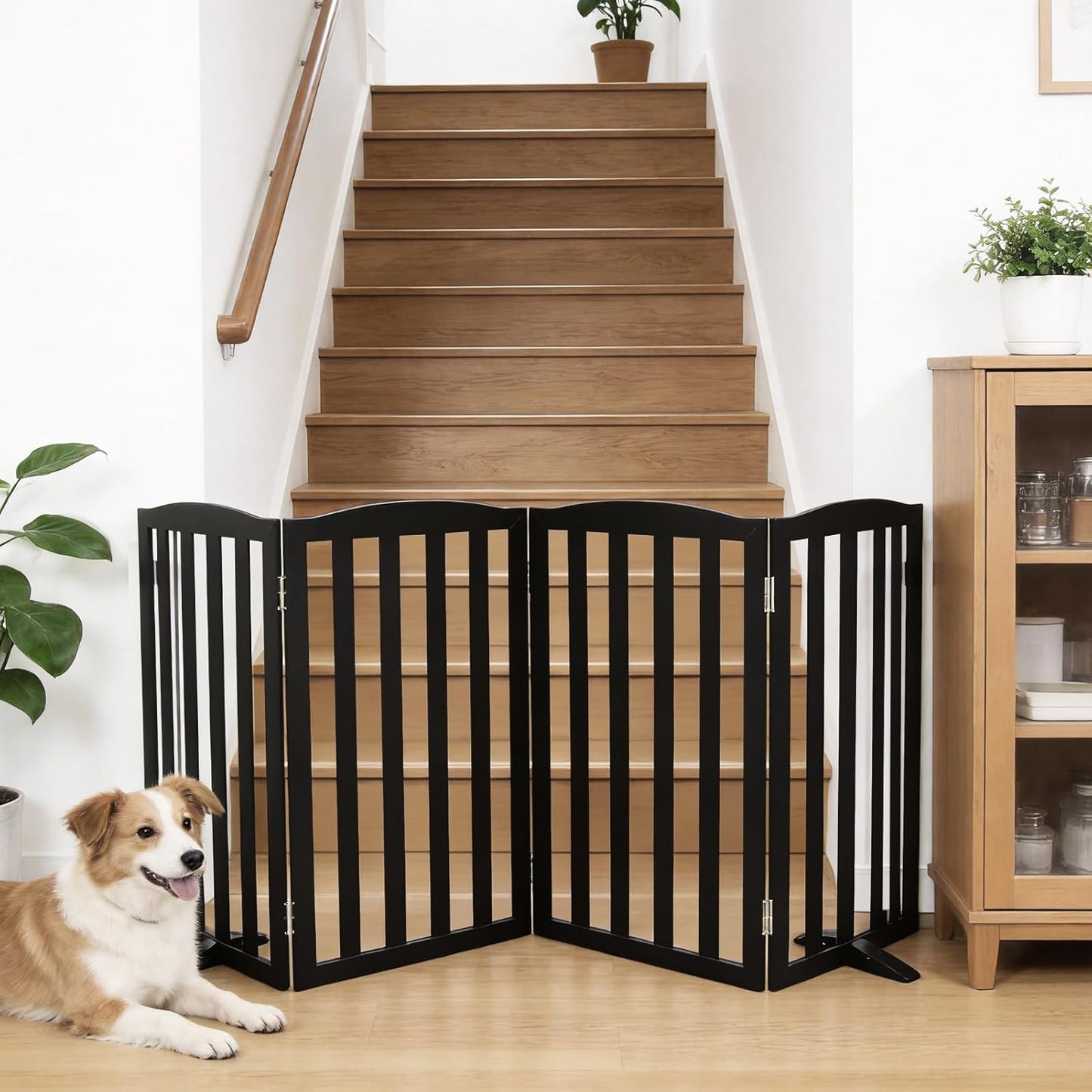 Freestanding Dog Gate Indoor,Doggie Gate Foldable Dog Gates for Doorways,Stairs or Hallways, Wooden White Pet Gate for the House, Pet Fence with Support Feet Included,24 "Height-4 Panels