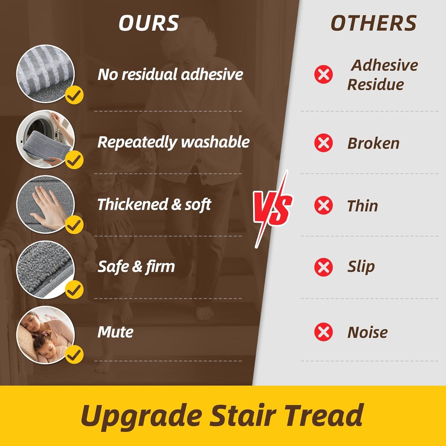 Non-Slip Stair Treads for Wooden Steps Indoor, 15 Pack 8" X 30" Edging Stair Rugs with TPE Backing, Carpet Stair Treads for Kids Elders & Pets, 100% Polyester Soft Stair Runners, Brown