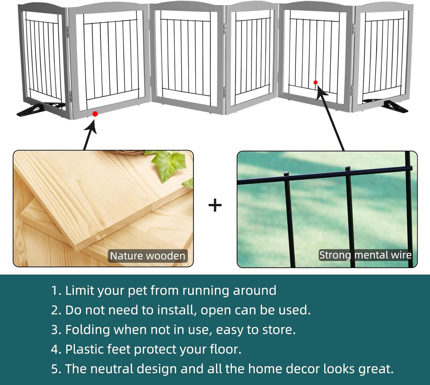 ZJSF Freestanding Dog Fence Indoor, Foldable Dog Gate for Doorways, Stairs or Hallways, Sturdy Wood Extra Wide Pet Gate with Support Feet for The House, White, 24 "Height-3 Panels