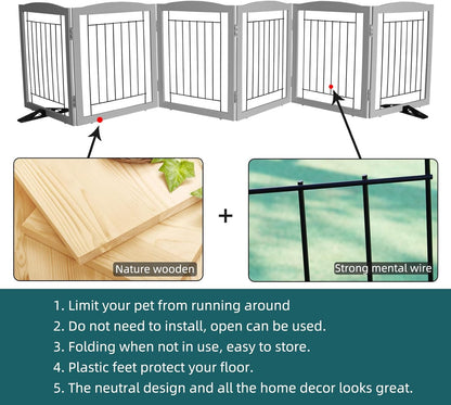 ZJSF Freestanding Dog Fence Indoor, Foldable Dog Gate for Doorways, Stairs or Hallways, Sturdy Wood Extra Wide Pet Gate with Support Feet for The House, White, 24 "Height-3 Panels