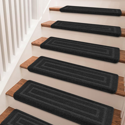 PURE ERA Bullnose Carpet Stair Treads Set Tape Free Non-Slip Indoor Stair Protectors Pet Friendly Rugs Covers Soft Skid Resistant Washable Reusable 9.5" x 30"(14 Pieces,Cream Gray)
