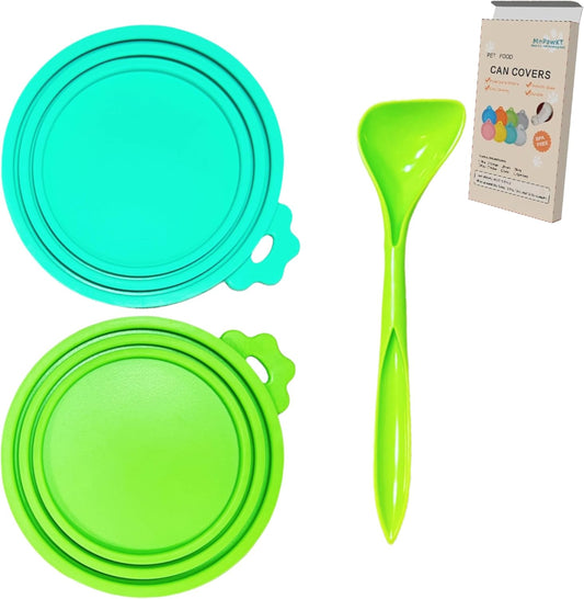 2 Packs Dog Food Can Lids, Inner rings 2.6”/3”/3.4” Fits 3-15oz Standard Cans/Tins, Multi-Size cat food can lid, Silicone Can Covers for dog food cans, BPA Free, Reusable(Green/Cyan+1 spoon)