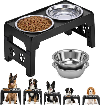 LALOBLUE Elevated Dog Bowls, Raised Dog Bowl with 2 Stainless Steel Dog Food Bowls, Dog Bowls Stand Adjusts to 5 Heights 2.95", 8.46", 9.65", 10.82", 12.01" for Small Medium Large Dogs Cats Pets,Black