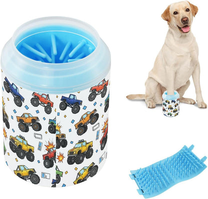 Monster Trucks White Pattern Dog Paw Cleaner Cup with Soft Silicone Brush, Lightweight Small Portable Muddy Paw Washer for Dogs, Easy to Use Pet Foot Cleaner
