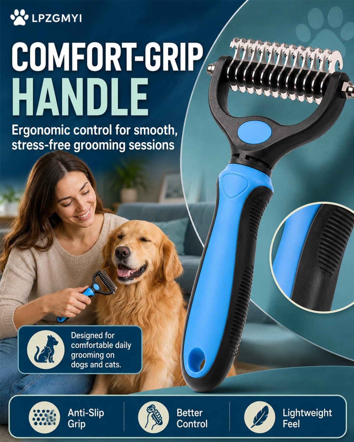 Undercoat Rake for Dogs, Pet Grooming Tool Pro Deshedding Brush Double Sided Cat Brushes Long Hair Dematting Comb Professional Extra-Wide Stainless Steel Teeth Supplies for Matted Fur on Cats (Green)