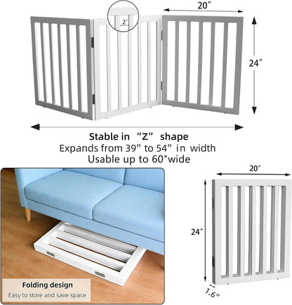 Dog Gate Indoor, Freestanding Dog Fence for The House, Doorways, Hallways,or Stairs,Pet Gate Foldable Wooden,Expandable 24" Height 3 Panels,White