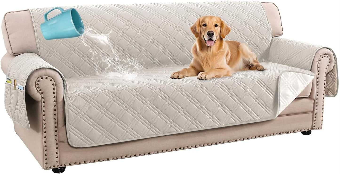 H.VERSAILTEX 100% Waterproof Slipcovers for Couches and Sofas Modern Pet Couch Cover Thick Soft Furniture Protector with Elastic Straps(Sofa, Lily Pad/Beige)