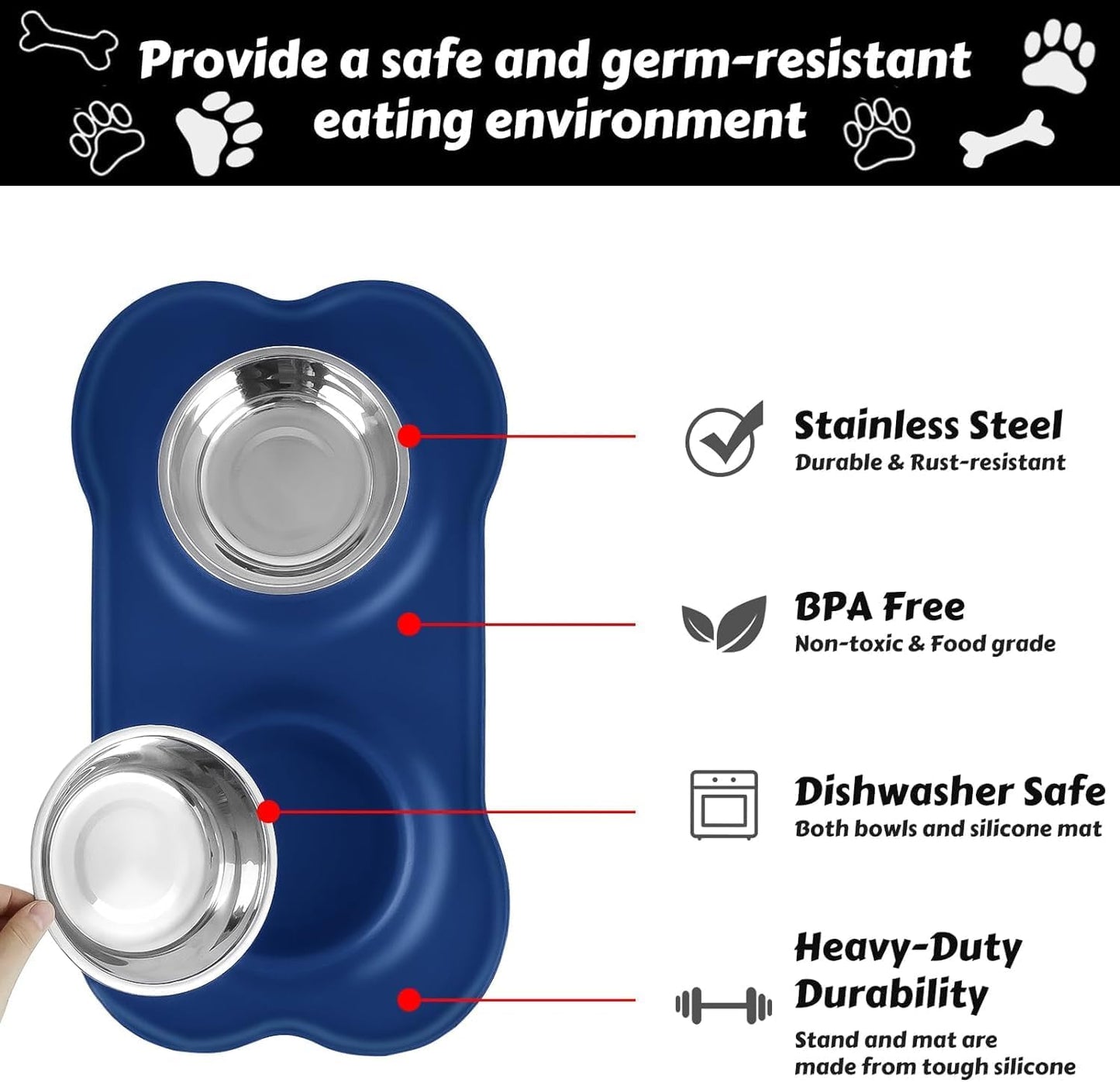 AsFrost Dog Food Bowls Stainless Steel & Water Dish with No-Spill and Non-Skid, Feeder Bowls with Dog Food Dish for Small Medium Large Size,Dogs,Cats,Puppy Pets, Black, 12oz