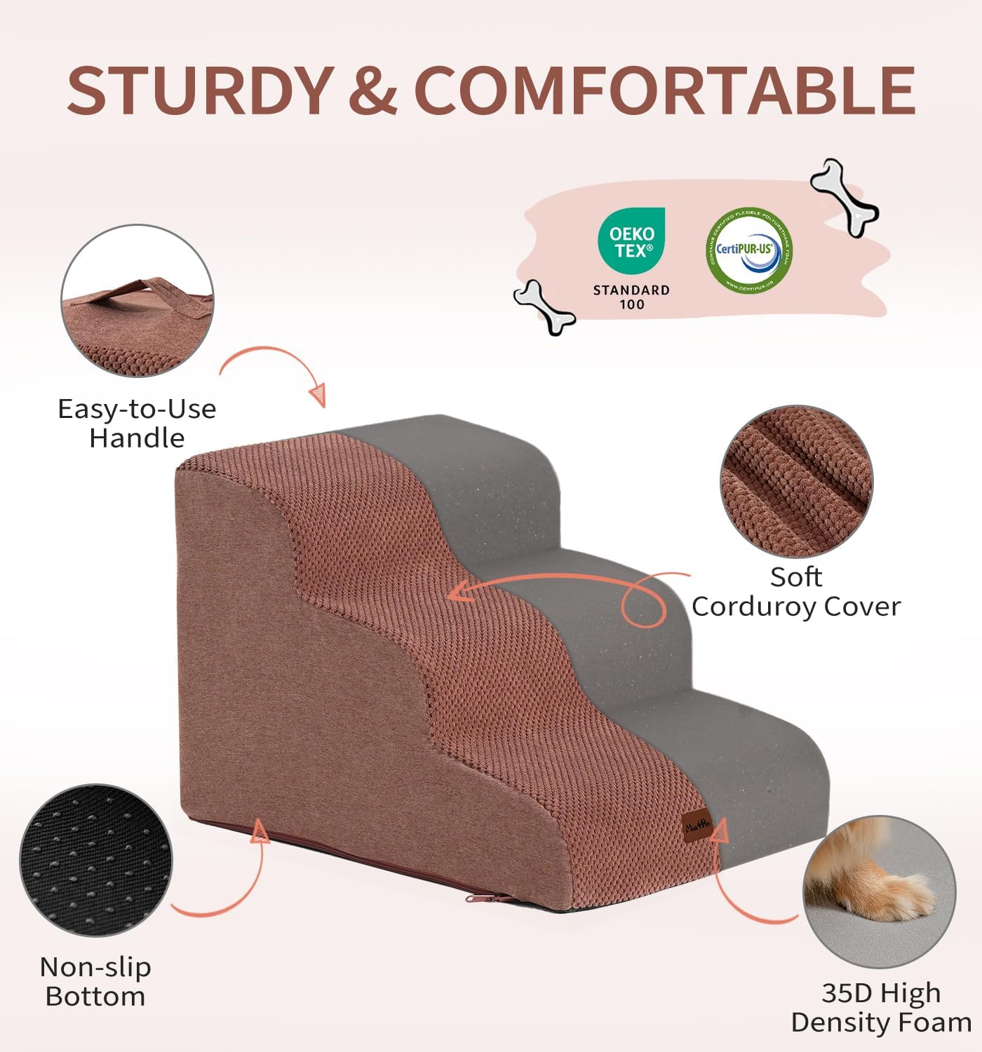 Made4Pets Dog Stairs Ramp for Small Dogs 15.7" H, 3-Step Dog Steps for Bed Couch Sofa and Chair, 35D Foam Pet Steps for Small Dogs and Cats, Non-Slip Bottom Pet Stairs, Grey